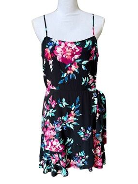 Black & Pink Floral Faux Wrap Dress With Tie-Waist & Spaghetti Straps Size L